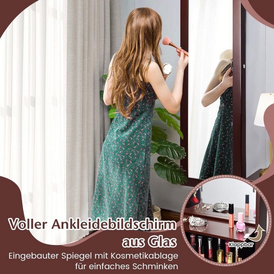 Northix Schmuckschrank mit Spiegel Kosmetikschrank mit ausgekleideten Ablagen Haken & Fächern Braun  