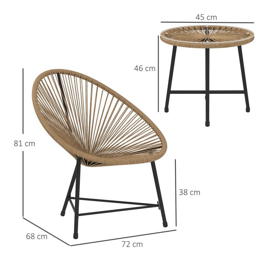 Northio  Polyrattan Gartenmöbel Set, Outdoor Lounge Balkonmöbel für 2 Personen, 3-teilig Sitzgruppe mit 2 Stühle, Tisch, wetterfest Gartenlounge für Garten, Terrasse Balkon, Naturholz Aosom 