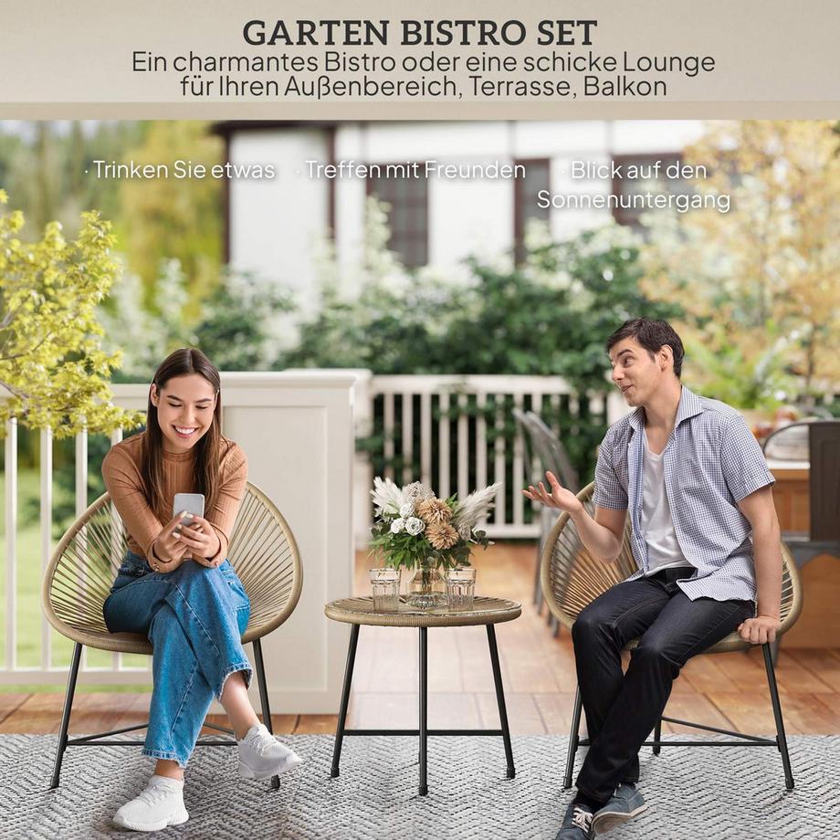 Northio  Polyrattan Gartenmöbel Set, Outdoor Lounge Balkonmöbel für 2 Personen, 3-teilig Sitzgruppe mit 2 Stühle, Tisch, wetterfest Gartenlounge für Garten, Terrasse Balkon, Naturholz Aosom 
