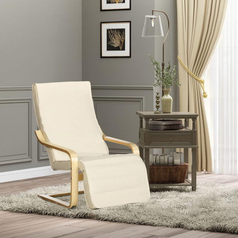 Northio Chaise de relaxation, balancelle, fauteuil inclinable, chaise de relaxation avec repose-pieds réglable, chaise de salle à manger aspect lin pour salon, bois de bouleau, blanc crème 66,5 x 94 x 100 cm  