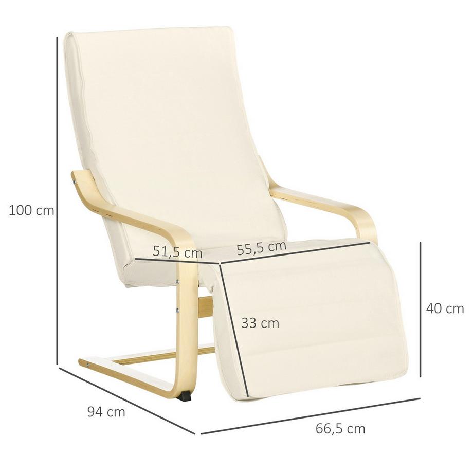 Northio Chaise de relaxation, balancelle, fauteuil inclinable, chaise de relaxation avec repose-pieds réglable, chaise de salle à manger aspect lin pour salon, bois de bouleau, blanc crème 66,5 x 94 x 100 cm  