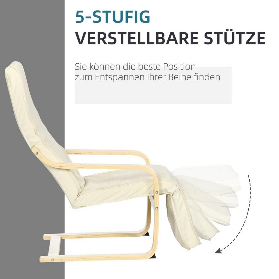 Northio Chaise de relaxation, balancelle, fauteuil inclinable, chaise de relaxation avec repose-pieds réglable, chaise de salle à manger aspect lin pour salon, bois de bouleau, blanc crème 66,5 x 94 x 100 cm  