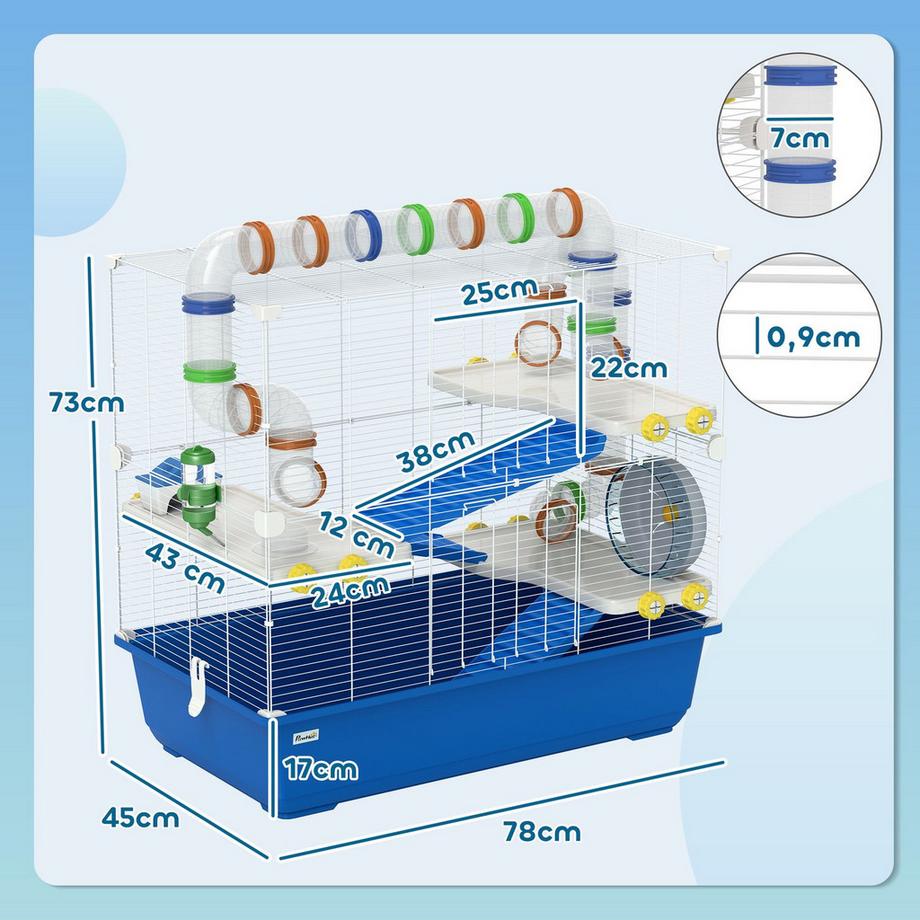 Northio  Hamsterkäfig für Zwerghamster 4 Etagen Nagerkäfig Kleintierkäfig mit Laufrad Futternapf und Zubehör, groß Mäusekäfig Käfig 78 x 45 x 73 cm Blau 