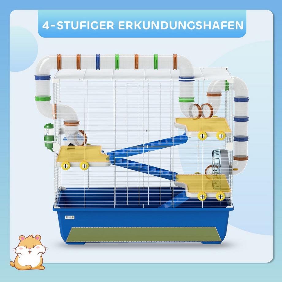 Northio  Hamsterkäfig für Zwerghamster 4 Etagen Nagerkäfig Kleintierkäfig mit Laufrad Futternapf und Zubehör, groß Mäusekäfig Käfig 78 x 45 x 73 cm Blau 