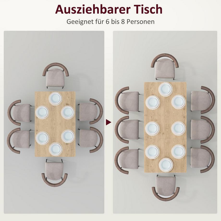 Northio Esstisch ausziehbar 120/160 x 75 cm Küchentisch für 6-8 Personen, moderner Esszimmertisch mit Stahlbeine, Natur  