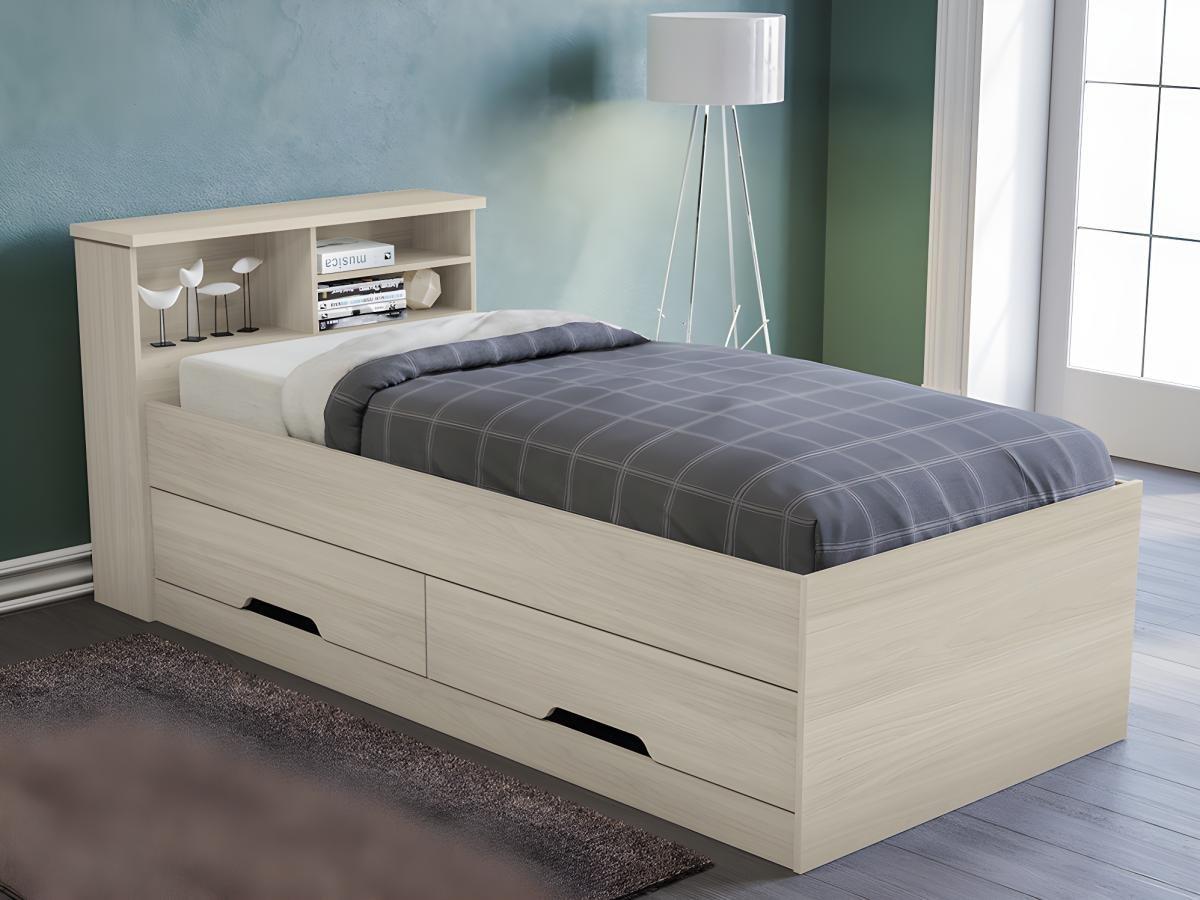 Vente-unique Letto singolo con cassetti e vani portaoggetti  Quercia BORIS + materasso compreso  