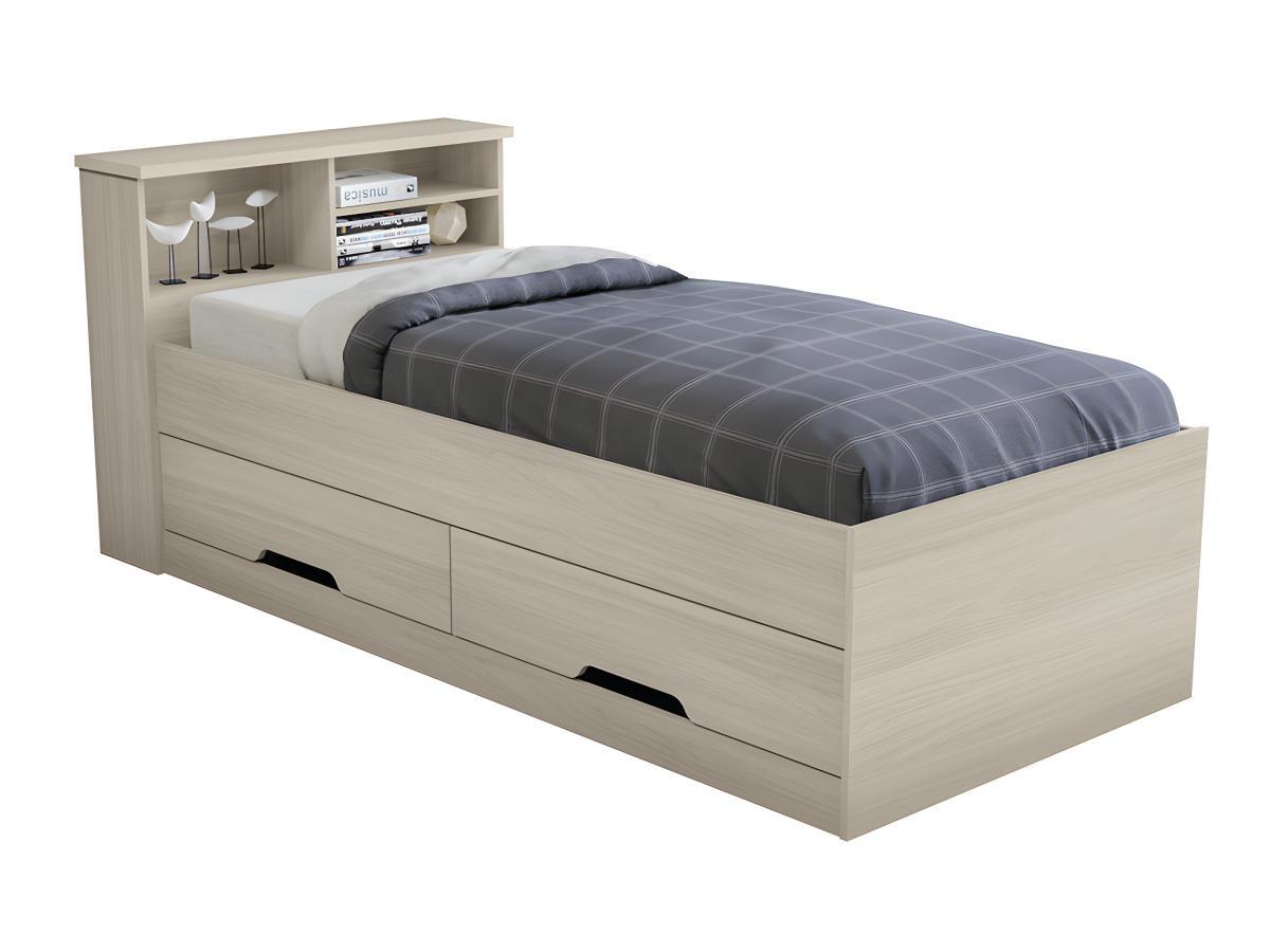 Vente-unique Letto singolo con cassetti e vani portaoggetti  Quercia BORIS + materasso compreso  