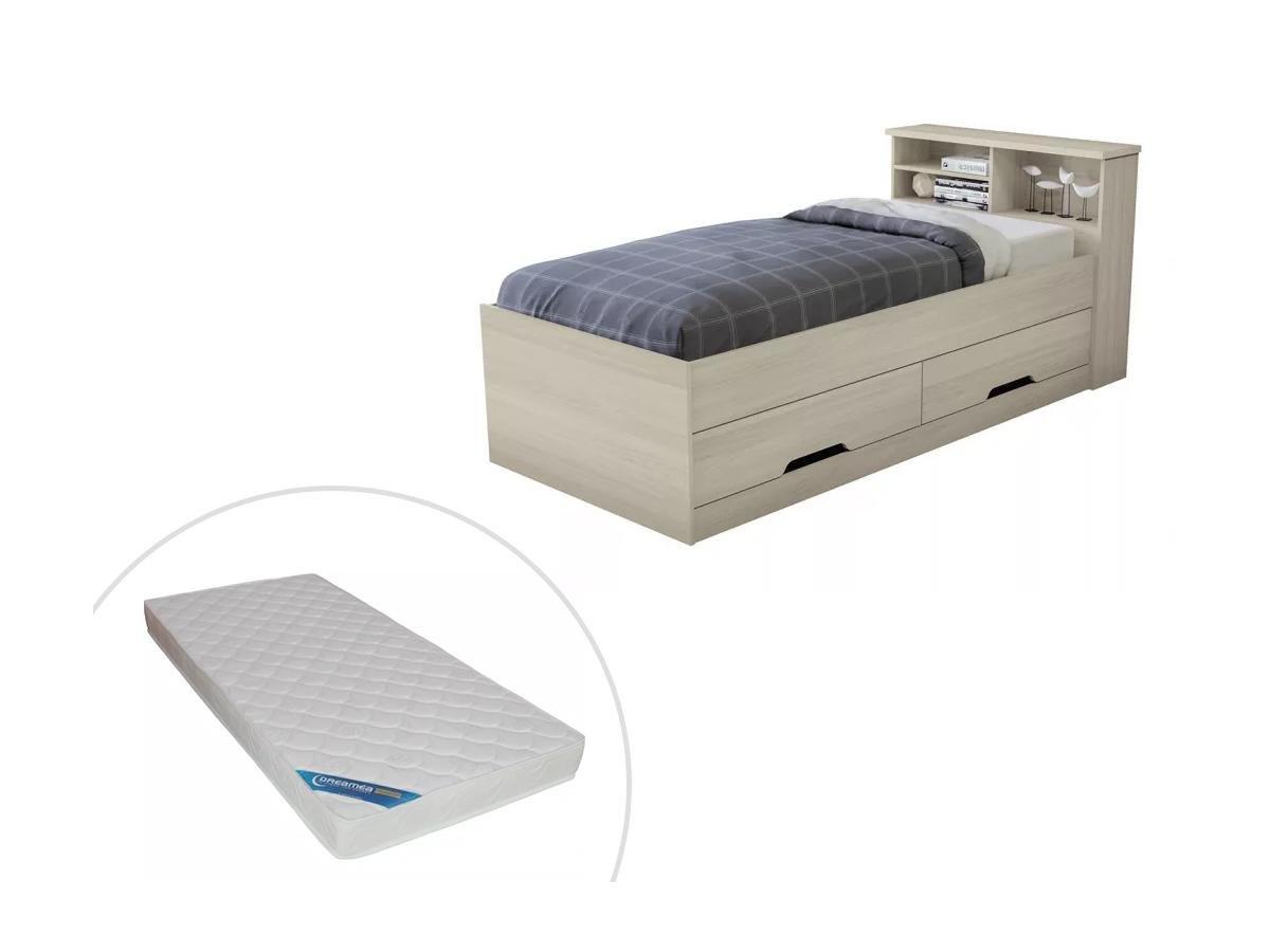 Vente-unique Lit BORIS avec tiroirs rangements chêne + matelas  