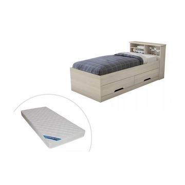 Letto singolo con cassetti e vani portaoggetti  Quercia BORIS + materasso compreso