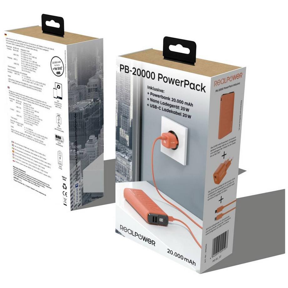 RealPower  Powerbank PB-20000 +20W USB-Lader 