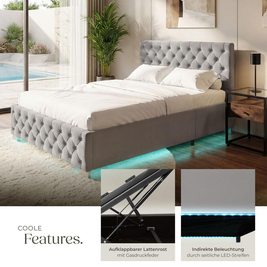 Tectake Lit rembourré DAYTONA En aspect velours avec motif matelassé  