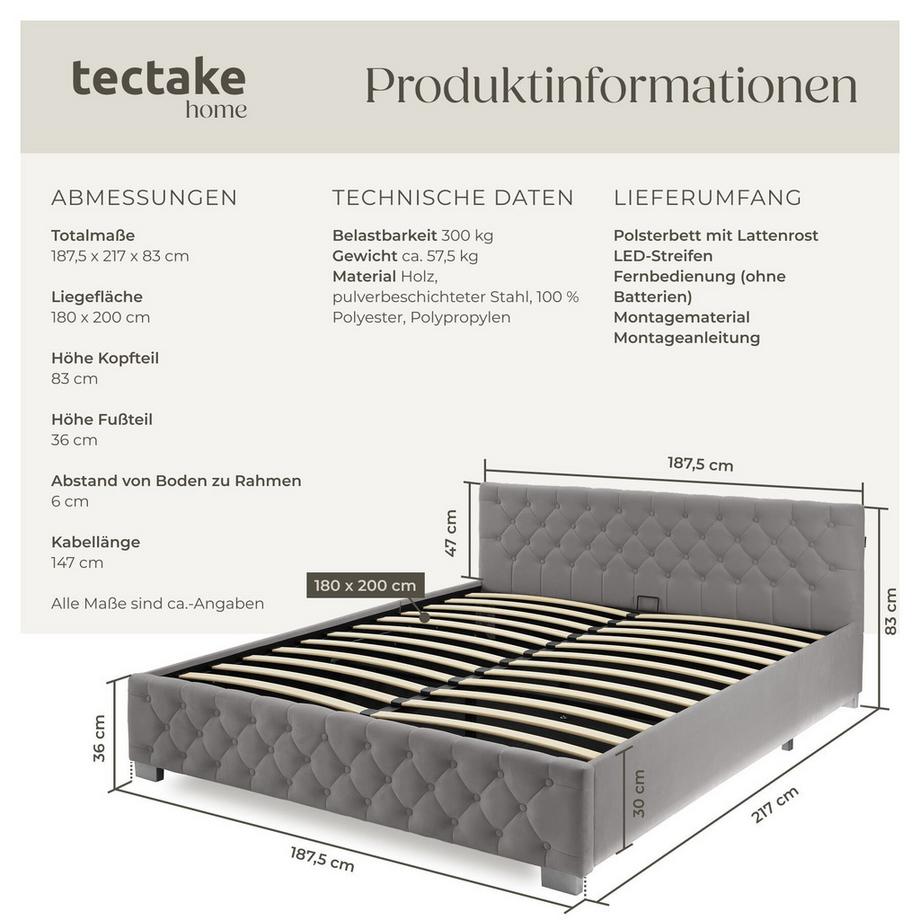Tectake Lit rembourré DAYTONA En aspect velours avec motif matelassé  