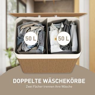 Northio Panier à linge en bambou avec couvercle, 2 compartiments, bac à linge 100 L avec poignées en corde, sac à linge amovible  