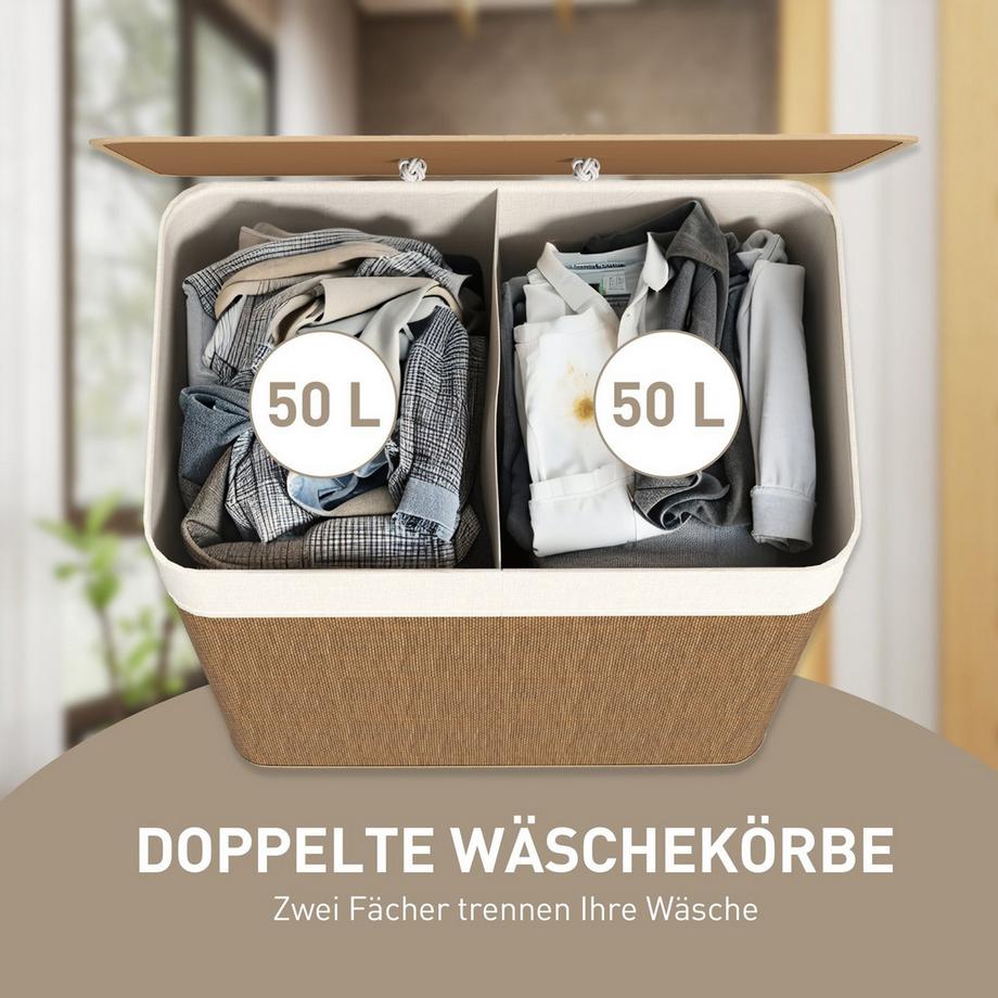 Northio Bambus Wäschekorb mit Deckel 2 Fächer 100 L Wäschesammler mit Seilgriffen, herausnehmbarer Wäschesack  