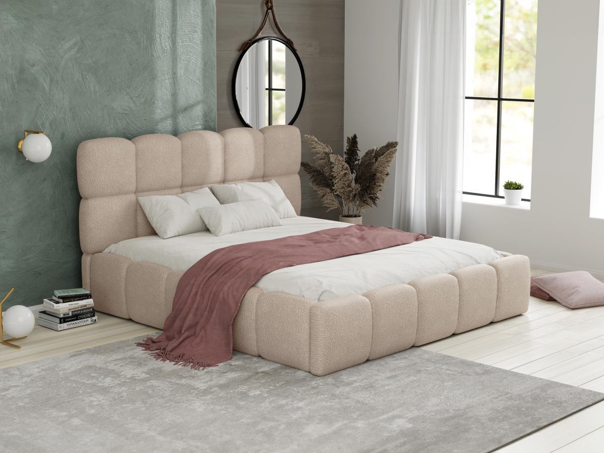 PASCAL MORABITO Letto con contenitore 180 x 200 cm Tessuto bouclette Beige + Materasso - DAMADO di PASCAL MORABITO  