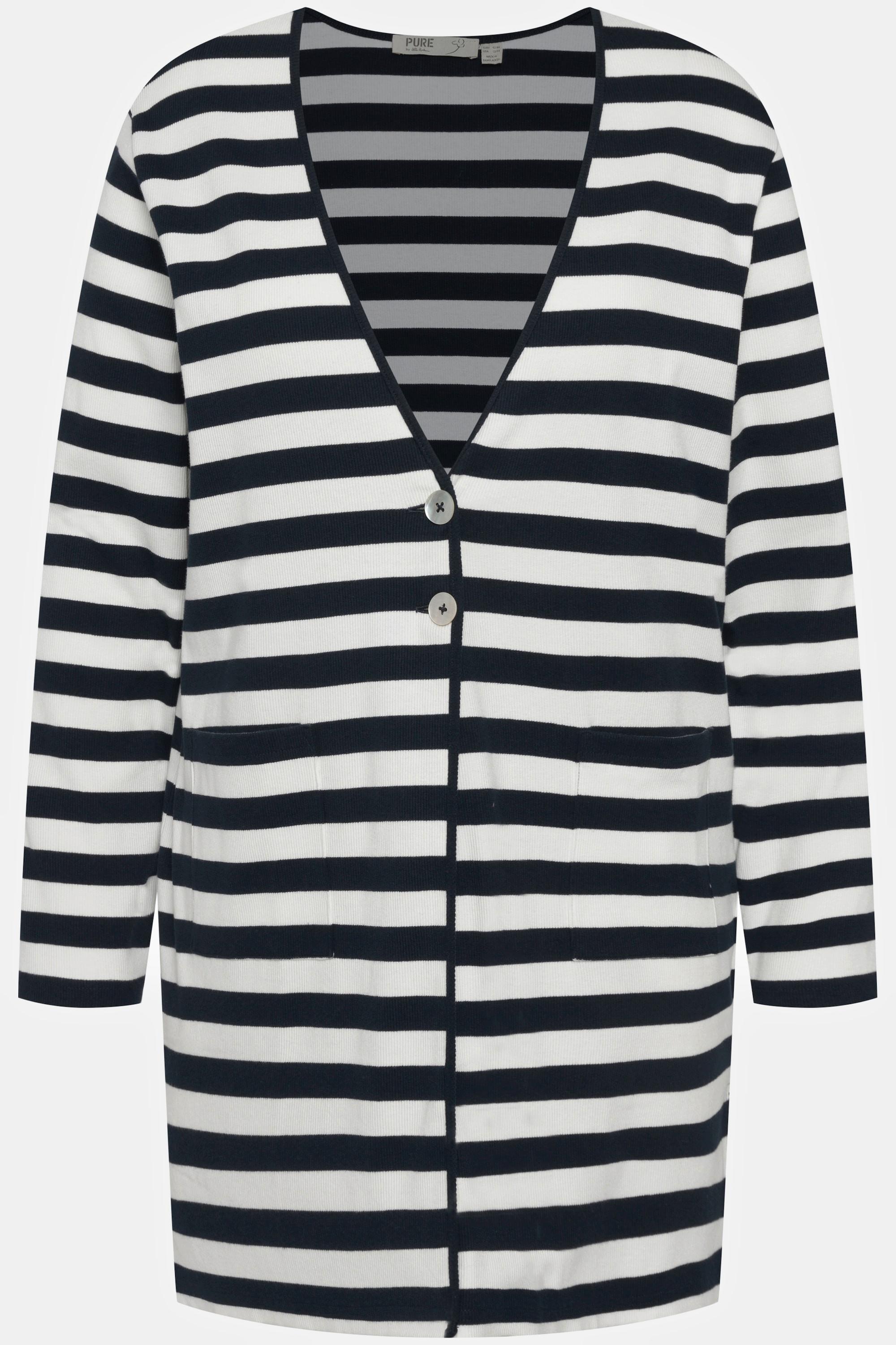 Ulla Popken  Veste en jersey, rayures horizontales, col en V, coton bio 