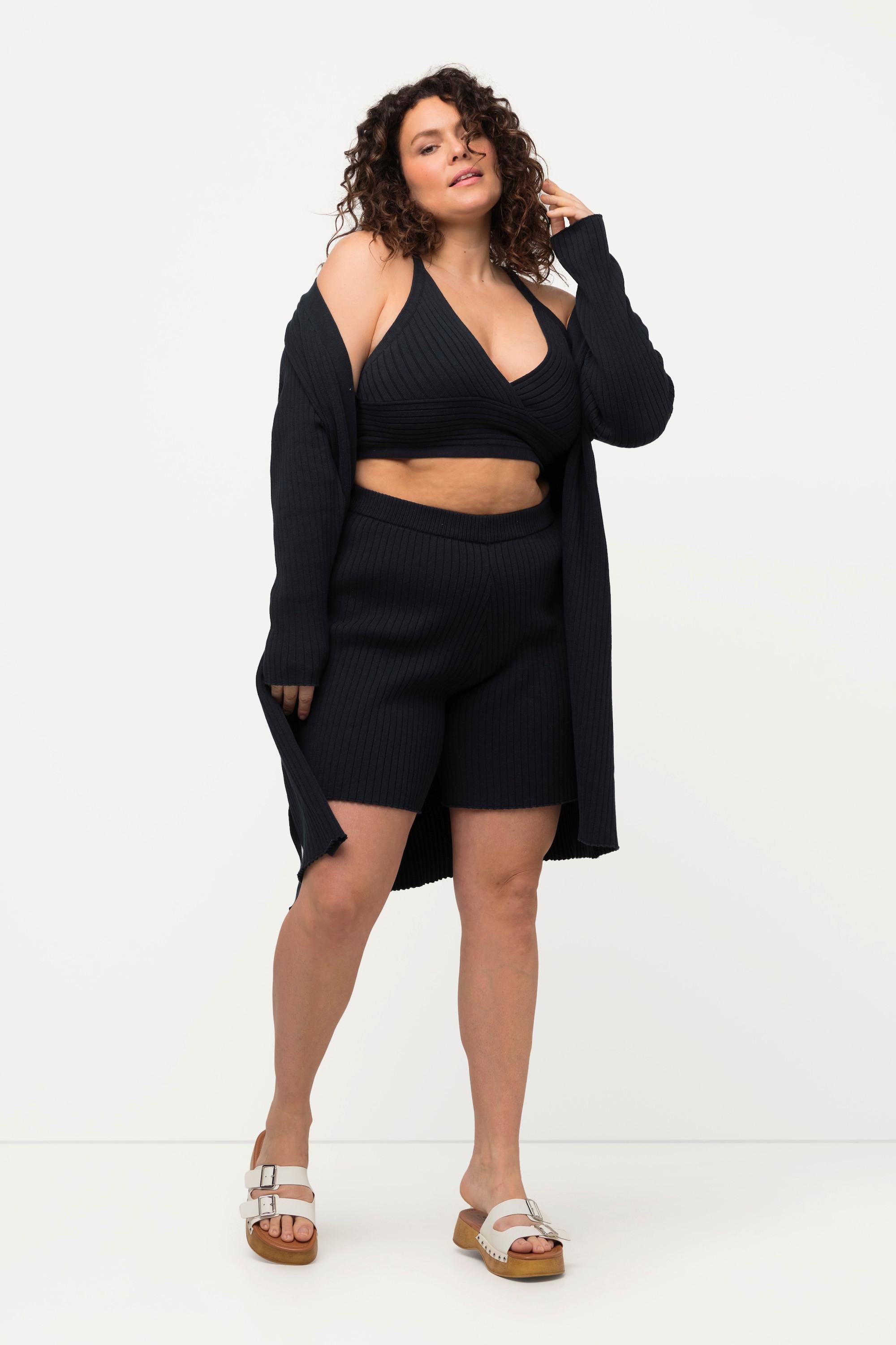 Ulla Popken Cardigan Lungo Maglia a Costine Cintura da Annodare Scollo a V  