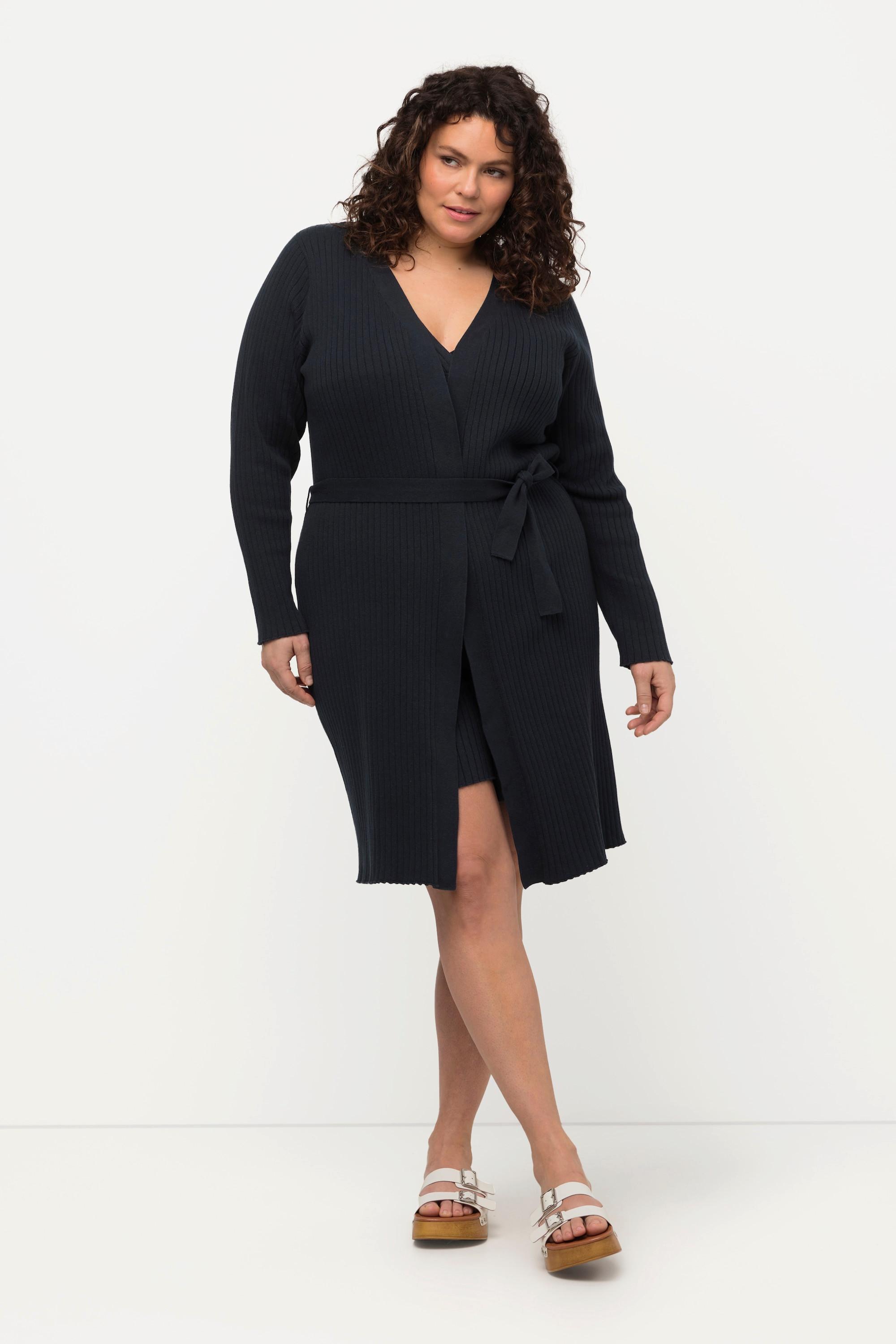 Ulla Popken Cardigan Lungo Maglia a Costine Cintura da Annodare Scollo a V  