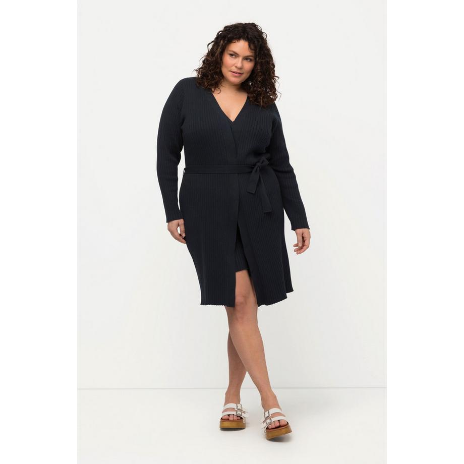 Ulla Popken Cardigan Long Maille Côtelée Ceinture à Nouer Col V  