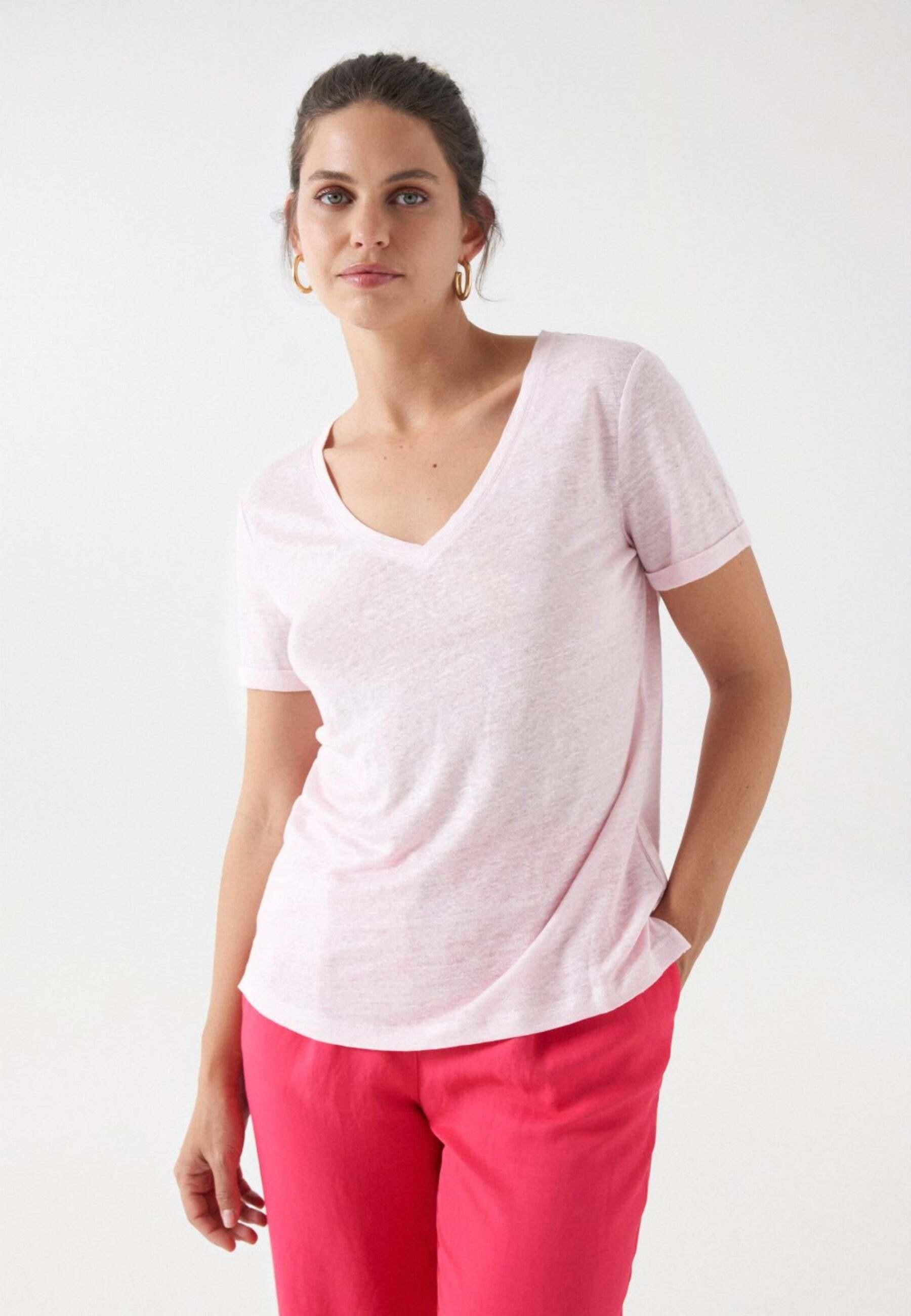 Image of T-shirts Linen V-neck T-shirt Damen Rosa XL