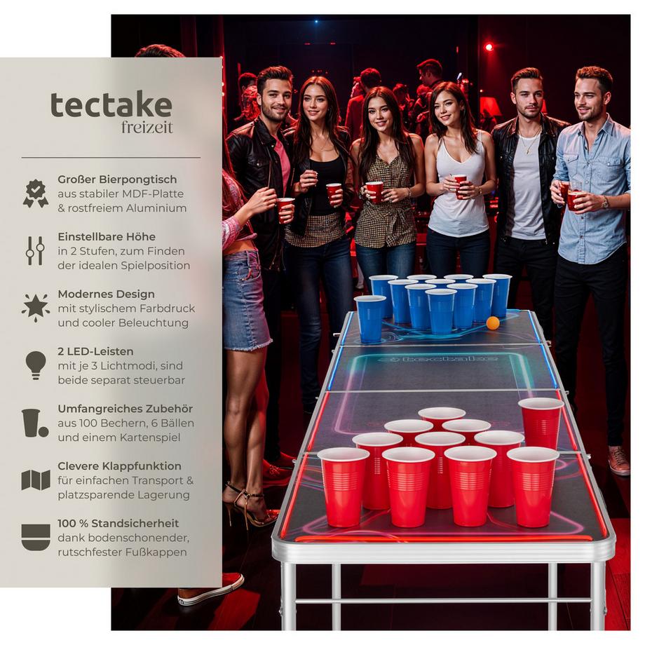 Tectake  Bierpongtisch BeerWars I aus Aluminium, mit LED-Beleuchtung klappbar und höhenverstellbar 