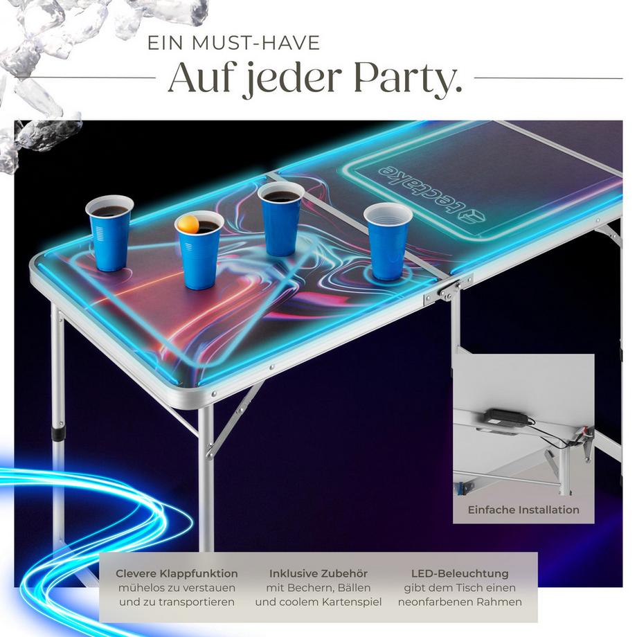 Tectake  Bierpongtisch BeerWars I aus Aluminium, mit LED-Beleuchtung klappbar und höhenverstellbar 