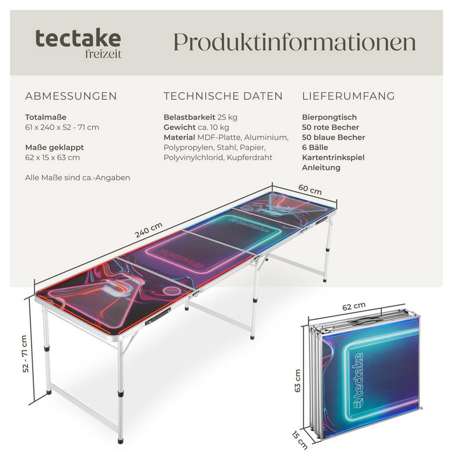 Tectake  Bierpongtisch BeerWars I aus Aluminium, mit LED-Beleuchtung klappbar und höhenverstellbar 