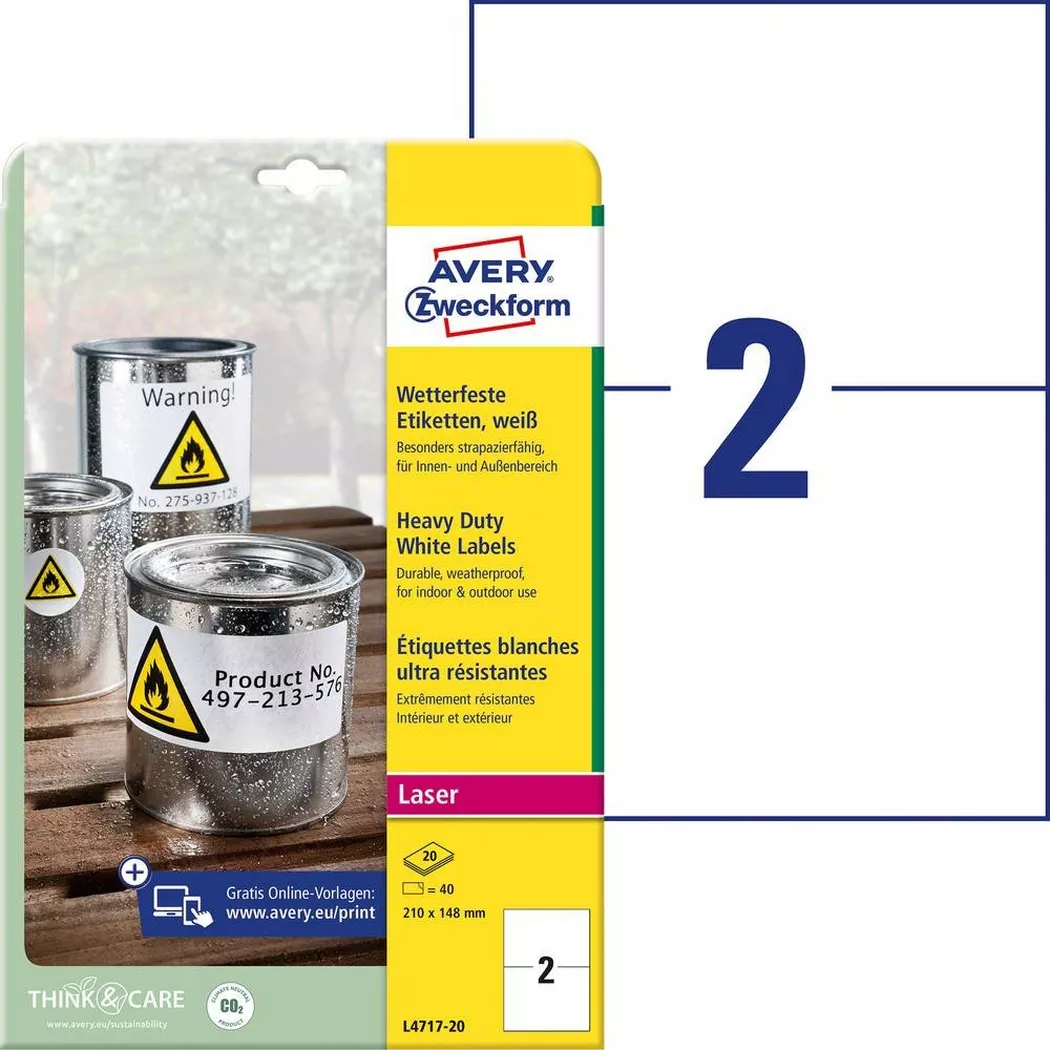 Avery-Zweckform – AVERY ZWECKFORM Etiketten Laser 210x148mm, wetterfest 20 Blatt, One Size, Weiss