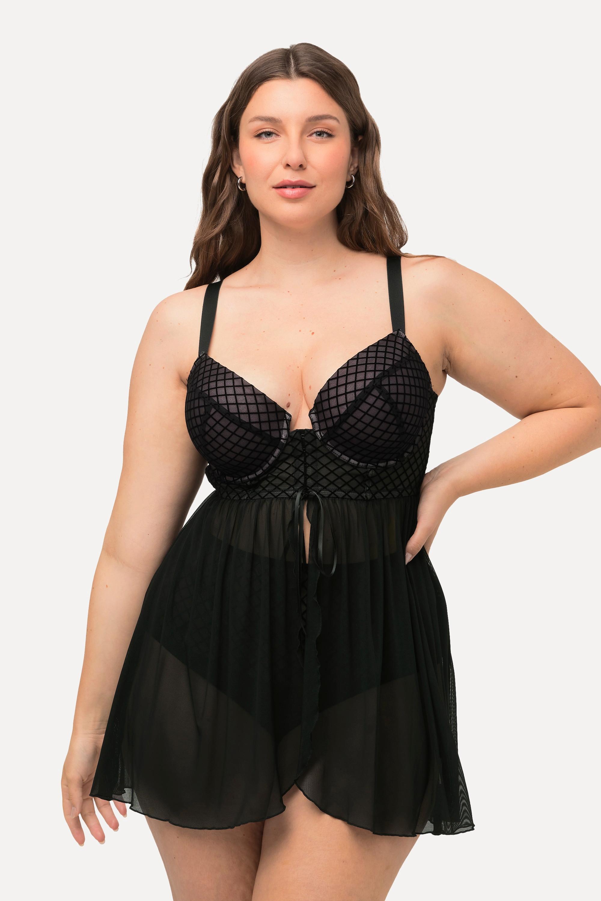 Ulla Popken  Babydoll, Samt-Karo, Mesh, Bügel-BH, Cup C - D 