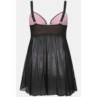 Ulla Popken  Baby-doll con quadri vellutati, mesh, reggiseno con ferretto e coppa C-D 