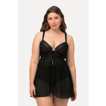 Baby-doll con quadri vellutati, mesh, reggiseno con ferretto e coppa C-D