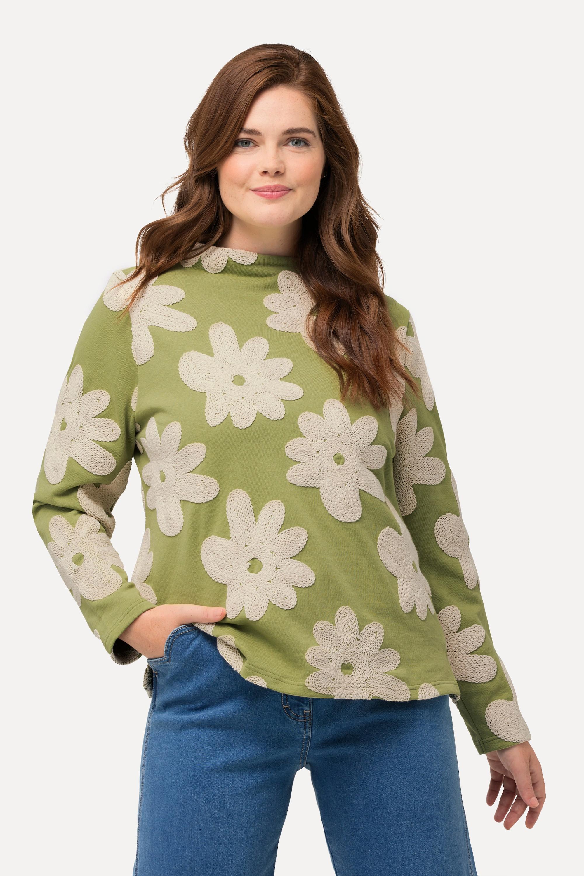 Ulla Popken  Sweat, broderie, col montant, manches longues, coton bio 