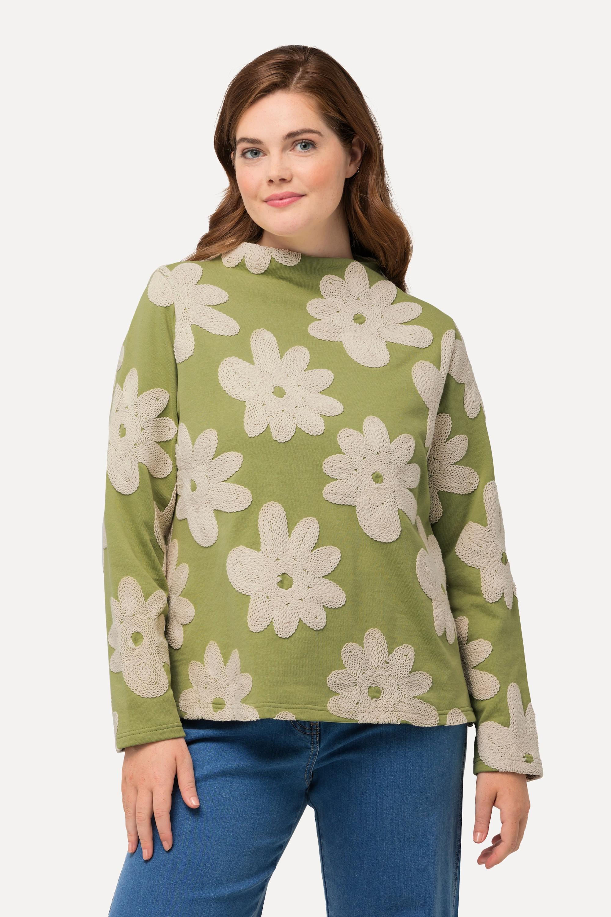 Ulla Popken  Sweat, broderie, col montant, manches longues, coton bio 