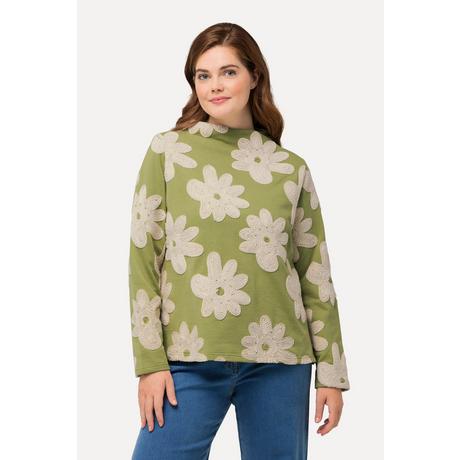 Ulla Popken  Sweat, broderie, col montant, manches longues, coton bio 