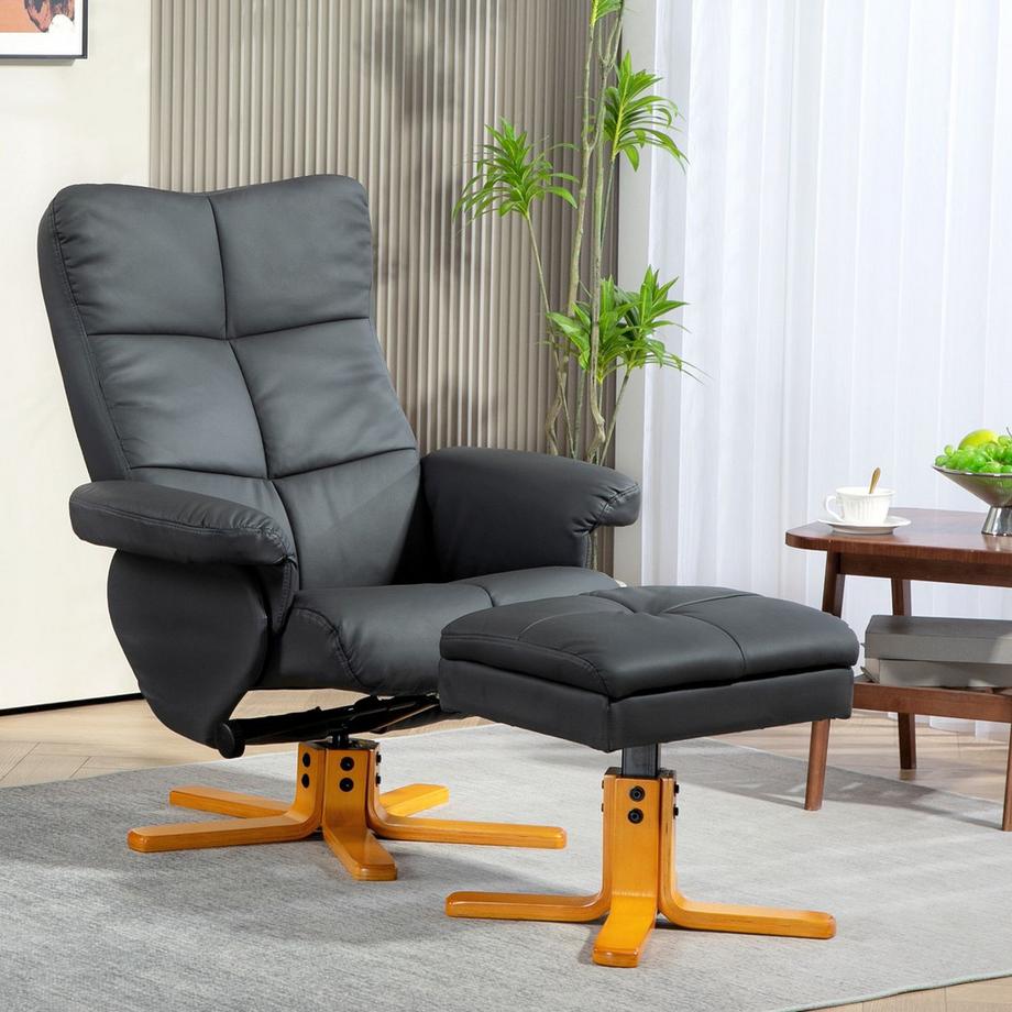 Northio Poltrona relax con sgabello, vano portaoggetti, sedia TV imbottita con funzione reclinabile, sedia TV girevole a 360° per camera da letto, soggiorno, ecopelle, grigio scuro  