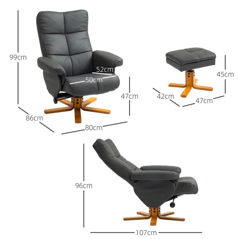 Northio Poltrona relax con sgabello, vano portaoggetti, sedia TV imbottita con funzione reclinabile, sedia TV girevole a 360° per camera da letto, soggiorno, ecopelle, grigio scuro  