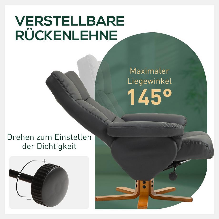 Northio Poltrona relax con sgabello, vano portaoggetti, sedia TV imbottita con funzione reclinabile, sedia TV girevole a 360° per camera da letto, soggiorno, ecopelle, grigio scuro  