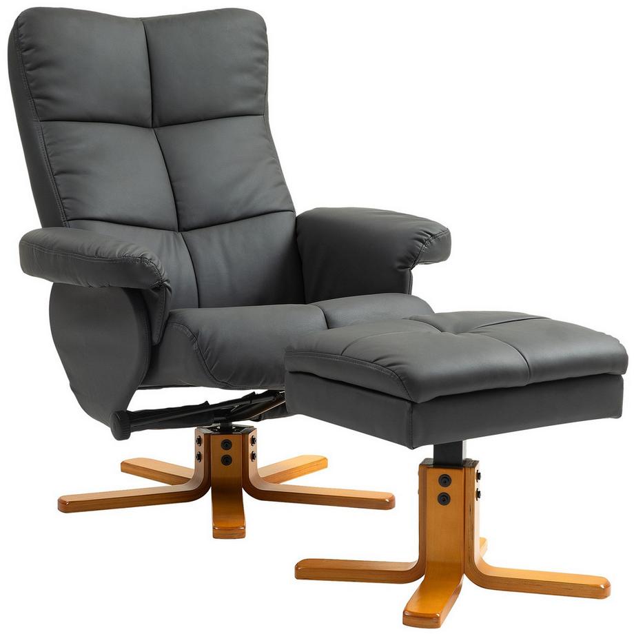 Poltrona relax con sgabello, vano portaoggetti, sedia TV imbottita con funzione reclinabile, sedia TV girevole a 360° per camera da letto, soggiorno, ecopelle, grigio scuro