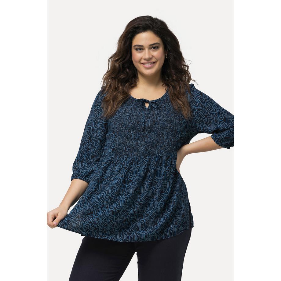 Ulla Popken Gesmokte A-Linien Bluse Rundhals 3/4-Arm  