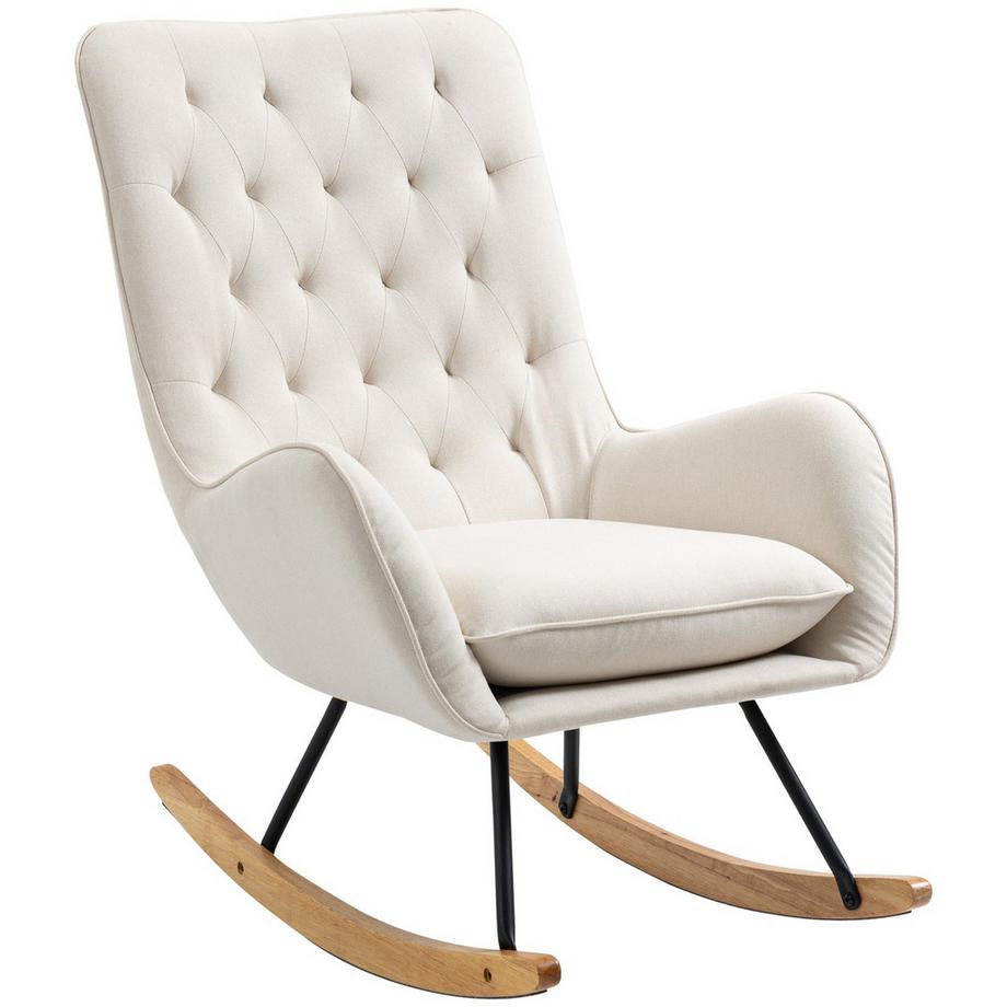 Northio Fauteuil À Bascule, Fauteuil De Relaxation, Balançoire Avec Pieds En Bois, Fauteuil À Bascule, Lin Métal Blanc Crème 69 X 90 X 100 Cm  