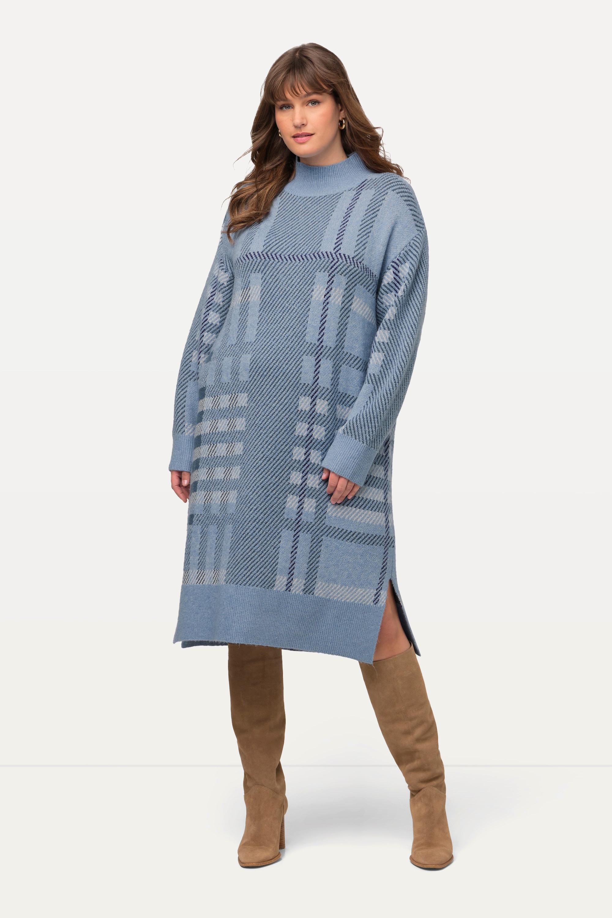 Ulla Popken  Robe en maille de laine mélangée à col montant et manches longues, motif à carreaux 