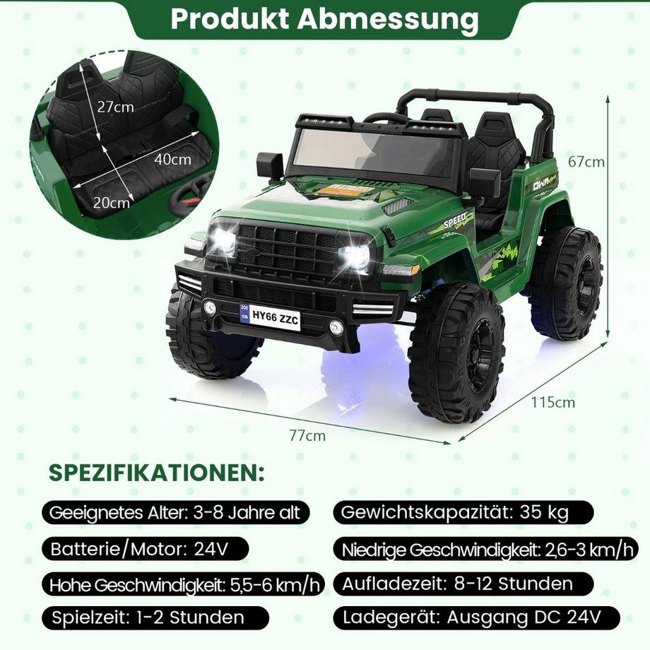 Northio  24V 2 Sitzer Kinder Elektroauto mit Fernbedienung & Musik & Hupe & LED-Leuchten Kinderauto Grün 