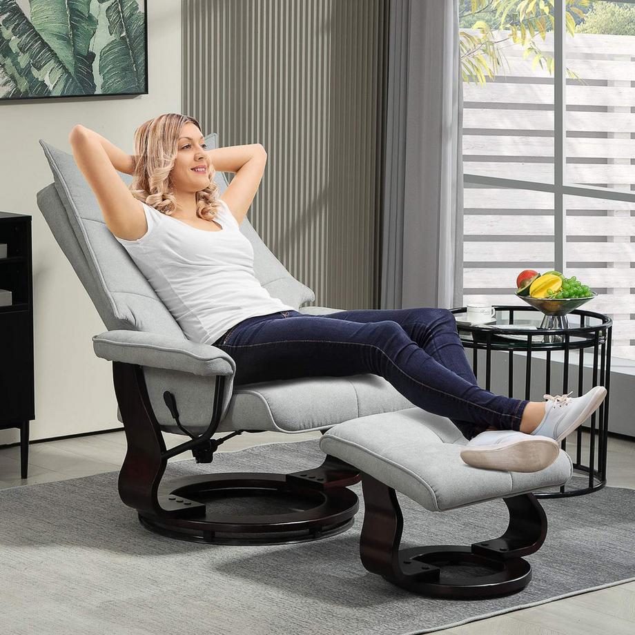 Northio Fauteuil de relaxation avec tabouret, fauteuil TV rotatif avec fonction inclinable, fonction berçante, fauteuil inclinable avec dossier haut double couche, aspect velours, pour salon, chambre à coucher, gris  