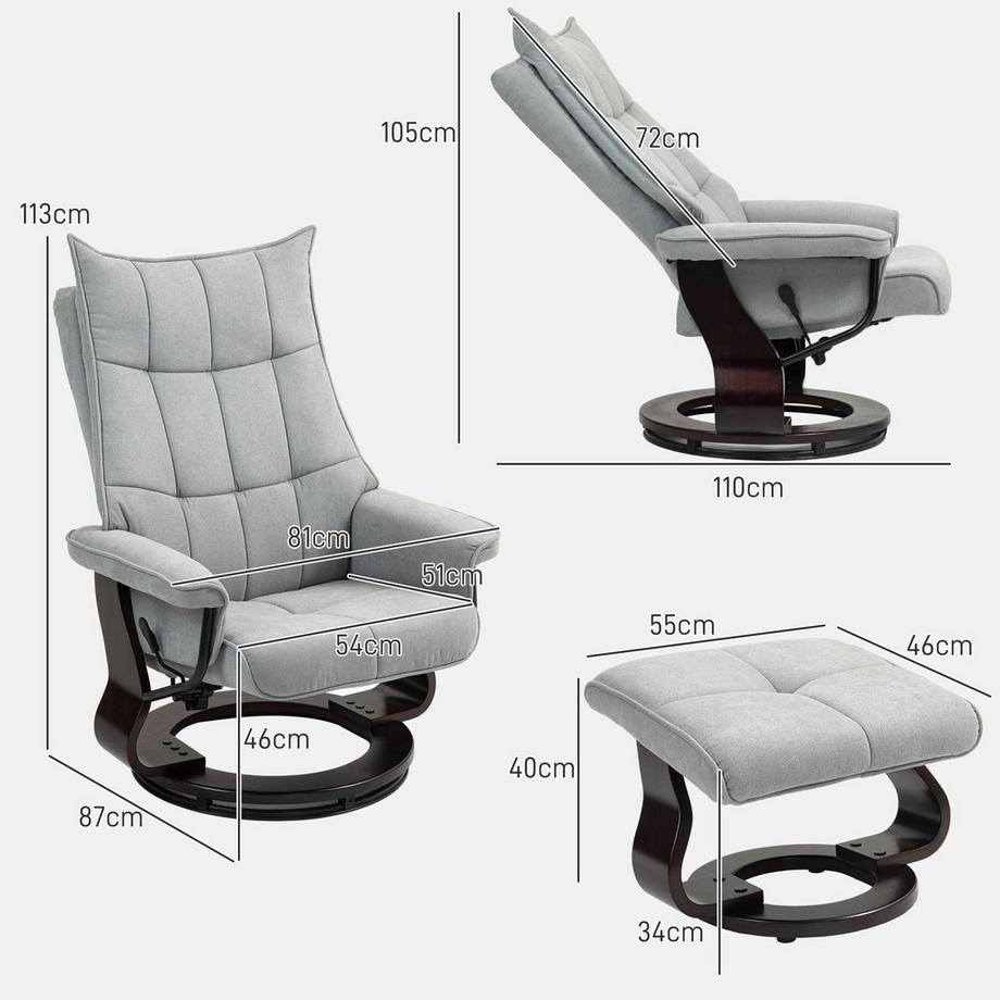 Northio Fauteuil de relaxation avec tabouret, fauteuil TV rotatif avec fonction inclinable, fonction berçante, fauteuil inclinable avec dossier haut double couche, aspect velours, pour salon, chambre à coucher, gris  