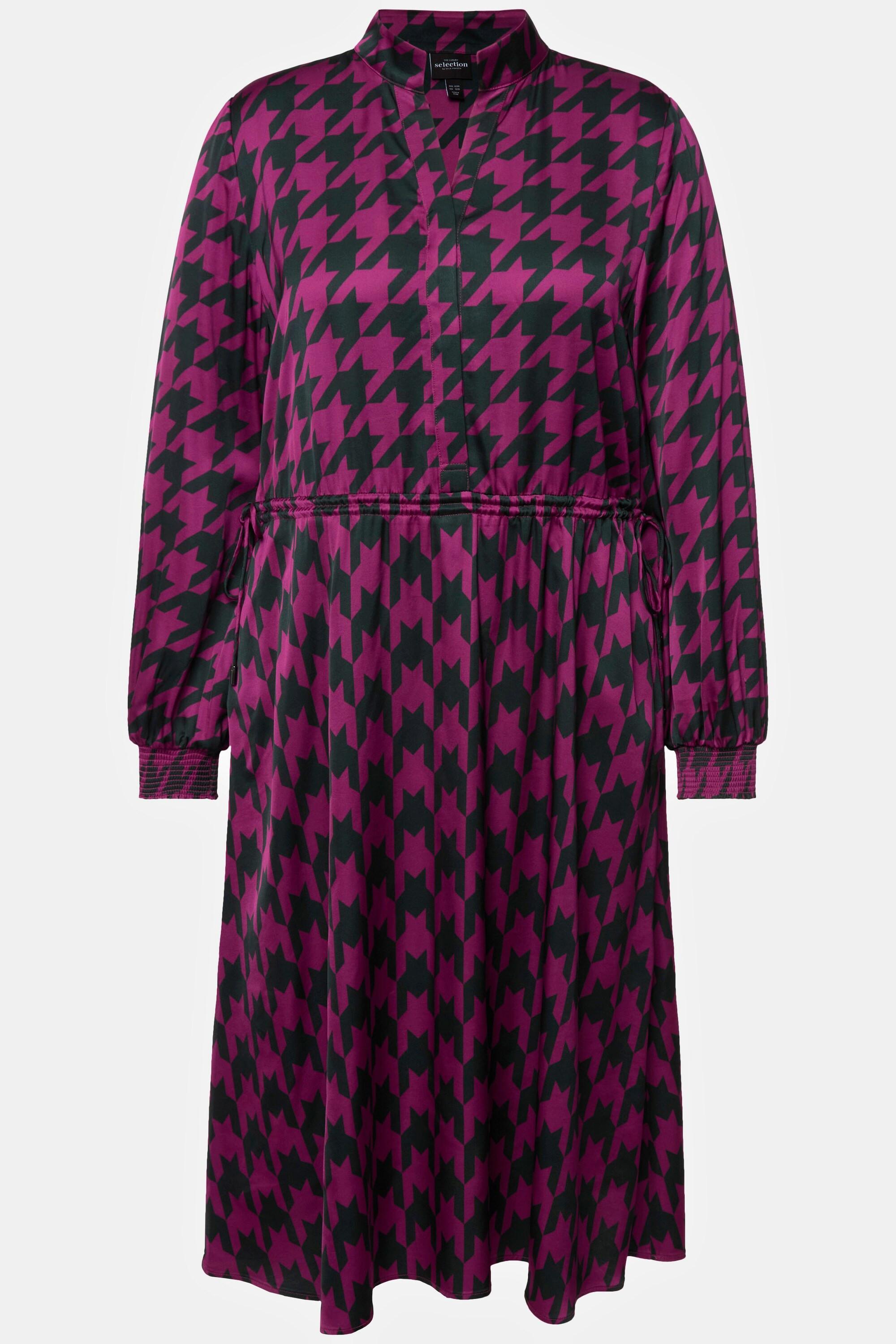 Ulla Popken  Robe midi à col en V et manches longues, motif pied-de-poule 