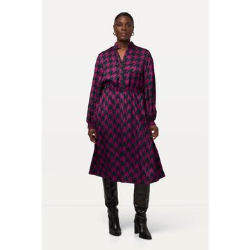 Robe midi à col en V et manches longues, motif pied-de-poule