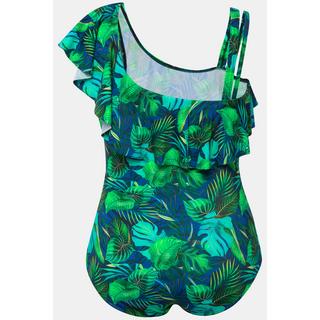 Ulla Popken  Maillot de bain avec bonnets souples. Imprimé jungle et triple bretelle à droite. Volant tout autour du décolleté. 