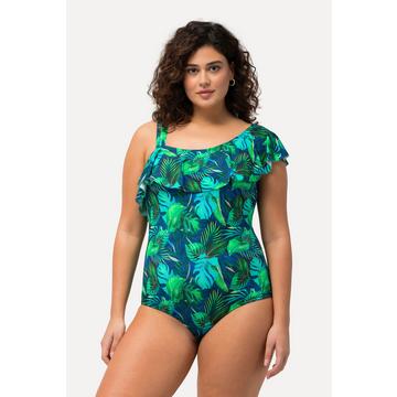 Maillot de bain avec bonnets souples. Imprimé jungle et triple bretelle à droite. Volant tout autour du décolleté.