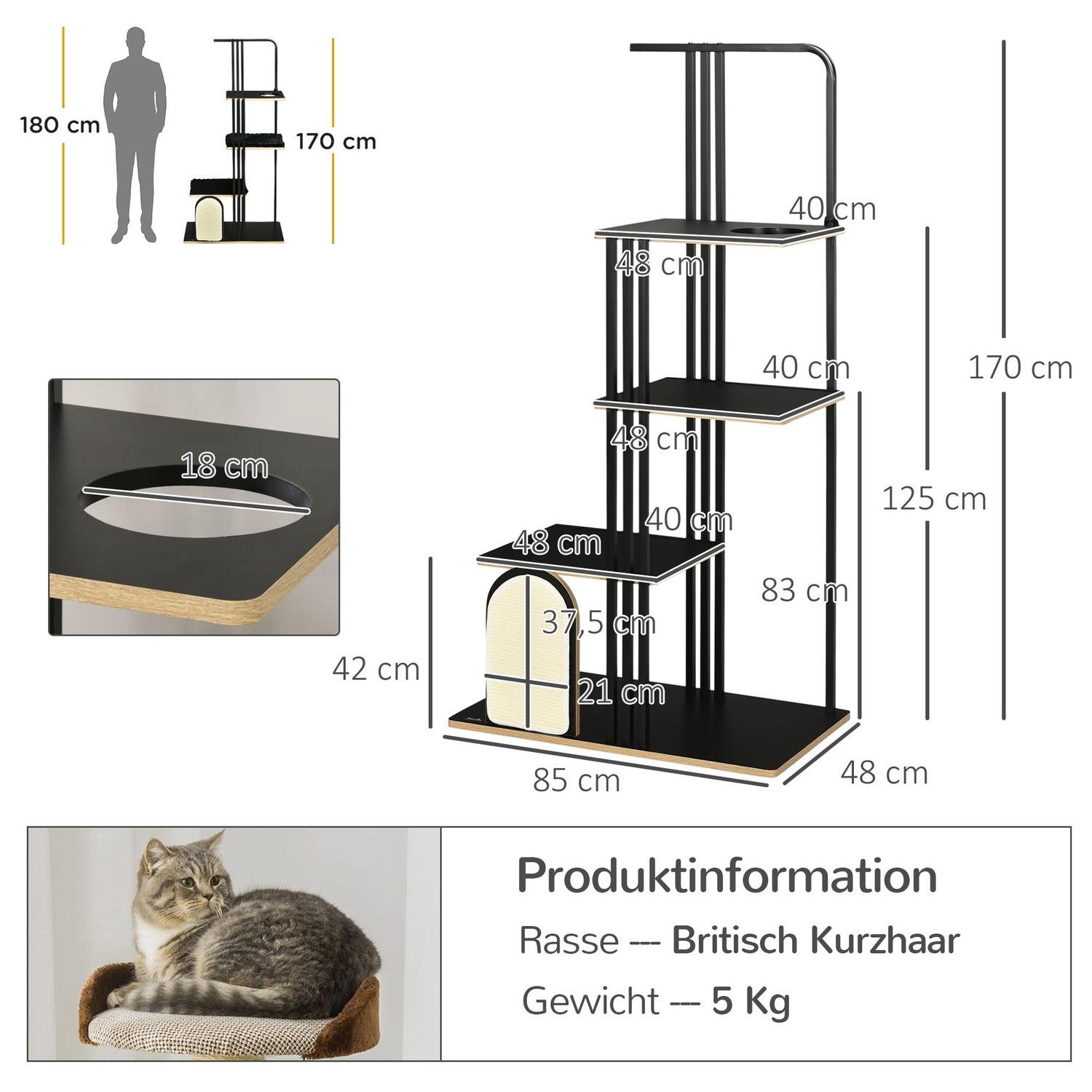 Northio  Arbre à chat 170 cm Grand griffoir avec coussins, griffoir, 3 plateformes, meuble pour chat en acier noir 