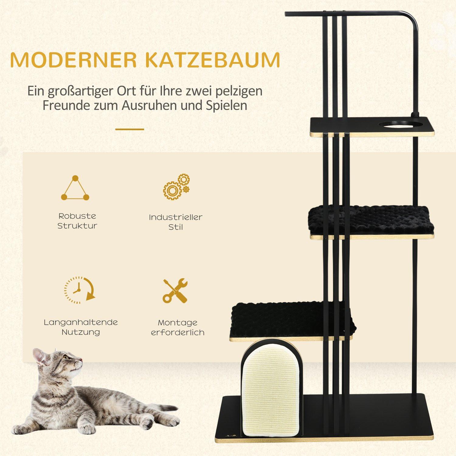 Northio  Arbre à chat 170 cm Grand griffoir avec coussins, griffoir, 3 plateformes, meuble pour chat en acier noir 